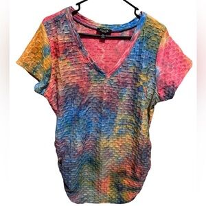 Rouge Colorful Textured Short Sleeve Shirt Blouse Gathered On Side Plus Sz 2X